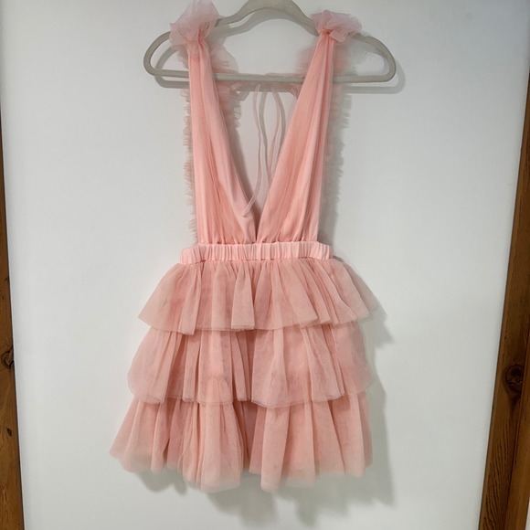 Mable Dresses & Skirts - Mable Tulle Tiered Mini Dress Womens Small Pink Ruffle V-Neck‎ | Coquette